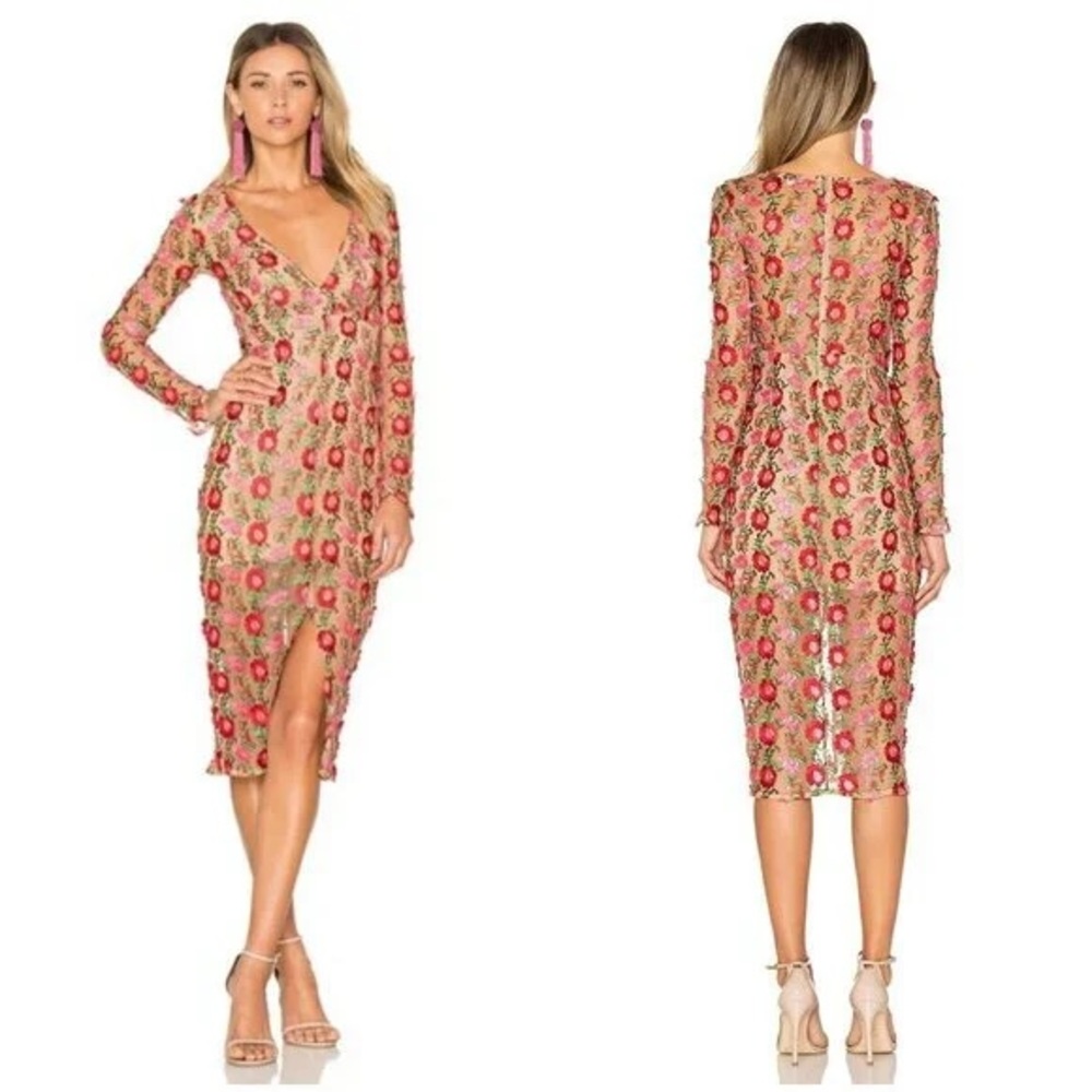 For love and lemons lace floral midi dress low cut long sleeve small